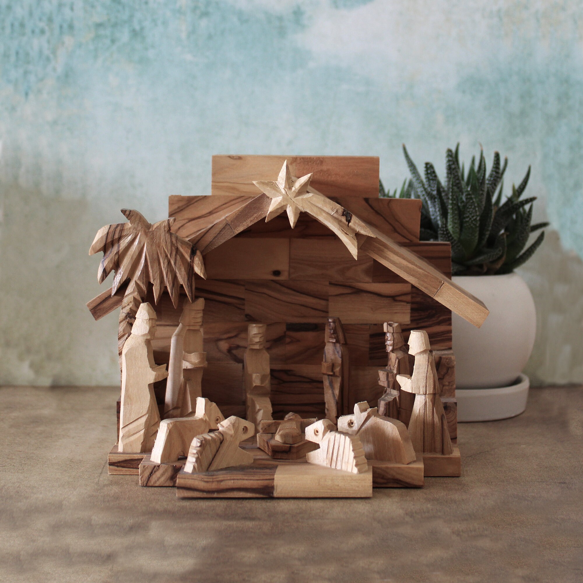 Exquisite Hand Carved Olive Wood Nativity Set Holy Land Wooden Stable