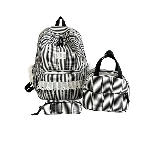 Striped Backpack 3PCS for Women Casual Nylon Daypack with Lace Bow Laptop School Daypacks