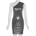 thumbnail image 2 of Valcatch Women's Sexy Sleeveless Pu Leather One Shoulder Ruched Metallic Dress Slim Fit Dress for Party Date Night, 2 of 5