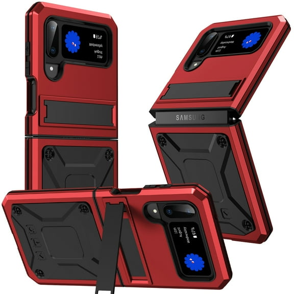 Dteck Samsung Galaxy Flip4 Case, Galaxy Z Flip3 5G Case with Stand, Metal Bumper Silicone Case Hybrid Military Shockproof Heavy Duty Rugged case for Samsung Z Flip3/Flip4, Red