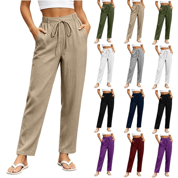 TtopsQueen Women Elastic Drawstring Straight Leg Pants, High Waist Lightweight Textured Trousers with Side Pockets, Loose Fit Vacation Casual Daily Wear Army Green,L