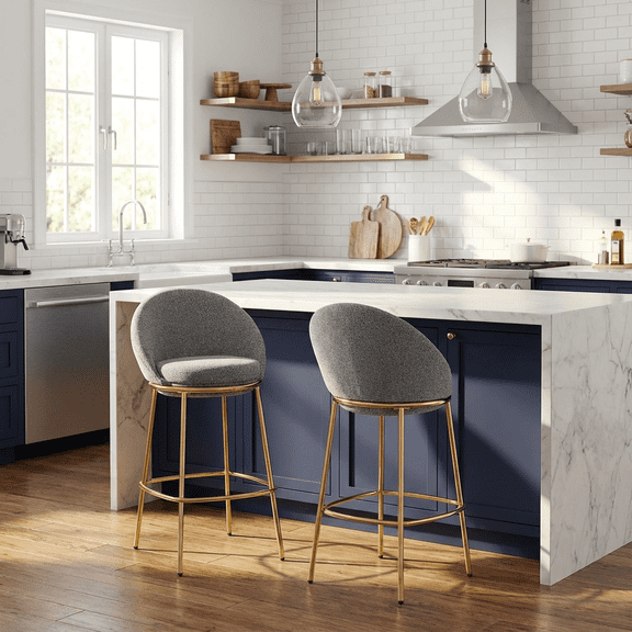 Olurrisa Indoor Gold-Plated Metal Barstool Set of 2, Mixed Gray Upholstered Seat & Half-Moon Backrest for Kitchen Island Counter