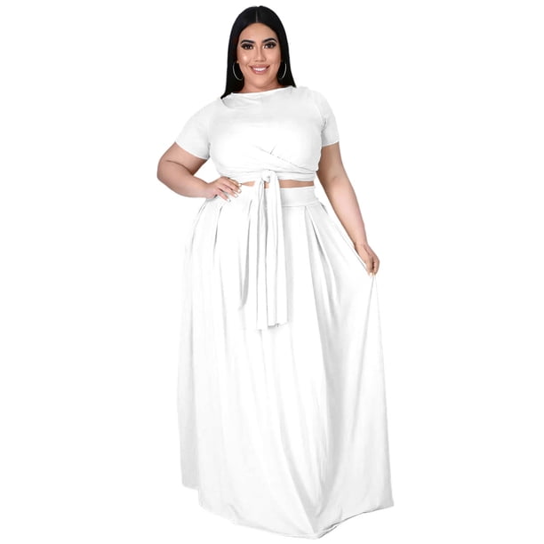 Traje de dos piezas con falda ancha y tirantes cruzados de color liso para mujer de talla grande a la moda