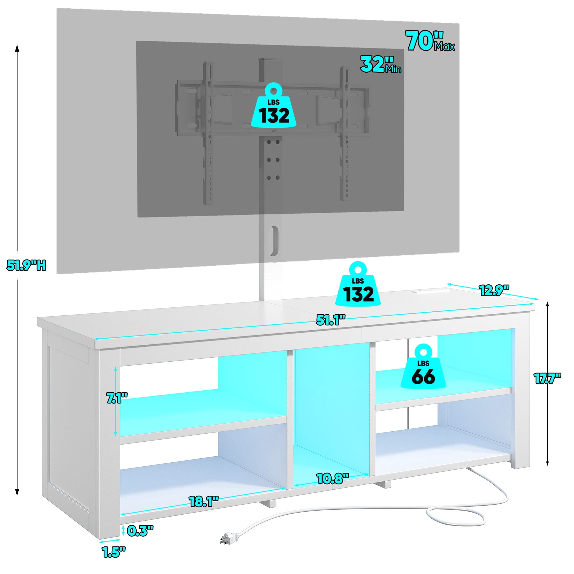 TV Stand with Mount & LED Lights for 70 inch TVs, Swivel Entertainment Center with Power Outlet, White