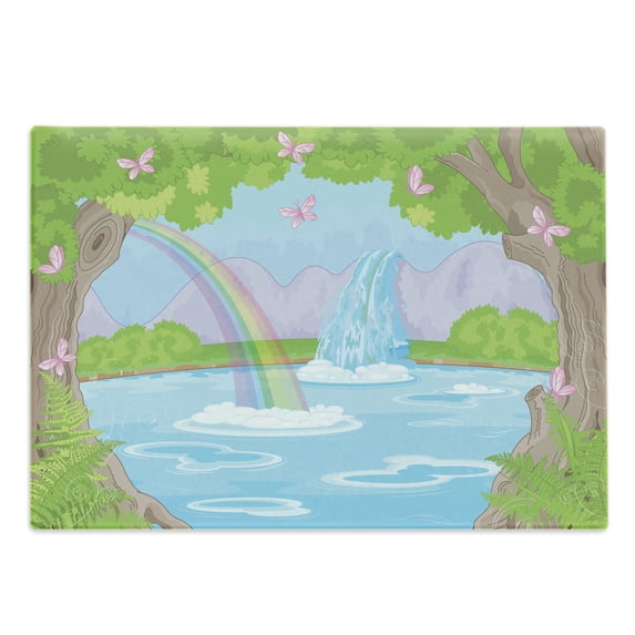 Feminine Cutting Board, Print of Landscape with Waterfall Rainbow Lake Butterflies Land, Decorative Tempered Glass Cutting and Serving Board, Large Size, Green and Blue, by Ambesonne
