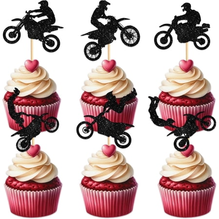 12Pcs Black Glitter Dirt Bike Cupcake Toppers, Motocross Rider Silhouette Cupcake Picks for Extreme Sports Teen Boys Birthday Party Cake Decorations