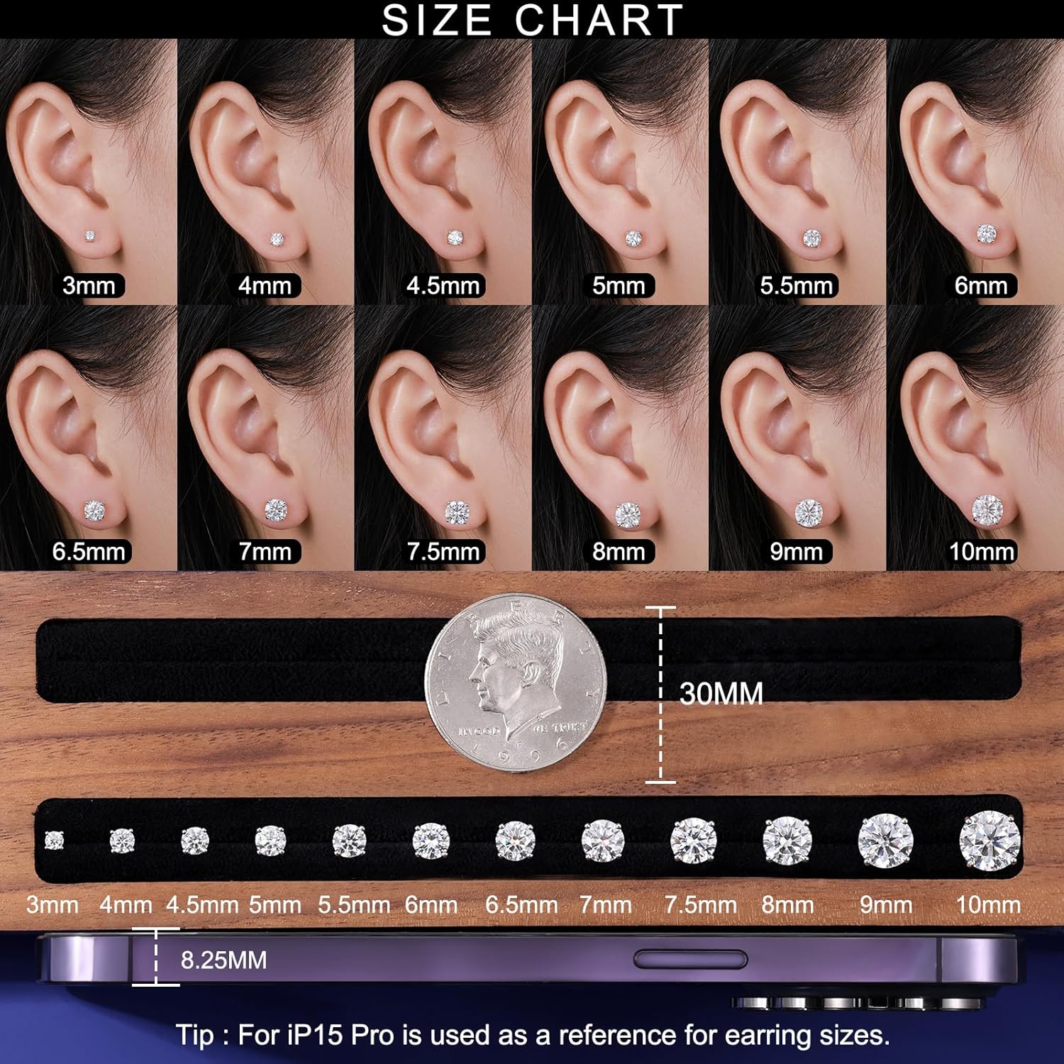Moissanite Stud Earrings Screw Back 3-10mm 0.2ct-8.0ct 18K White Yellow Rose Gold Plated S925 Sterling Silver Round Cut D Color VVS1 Lab Created Moissanite Earrings for Women Men