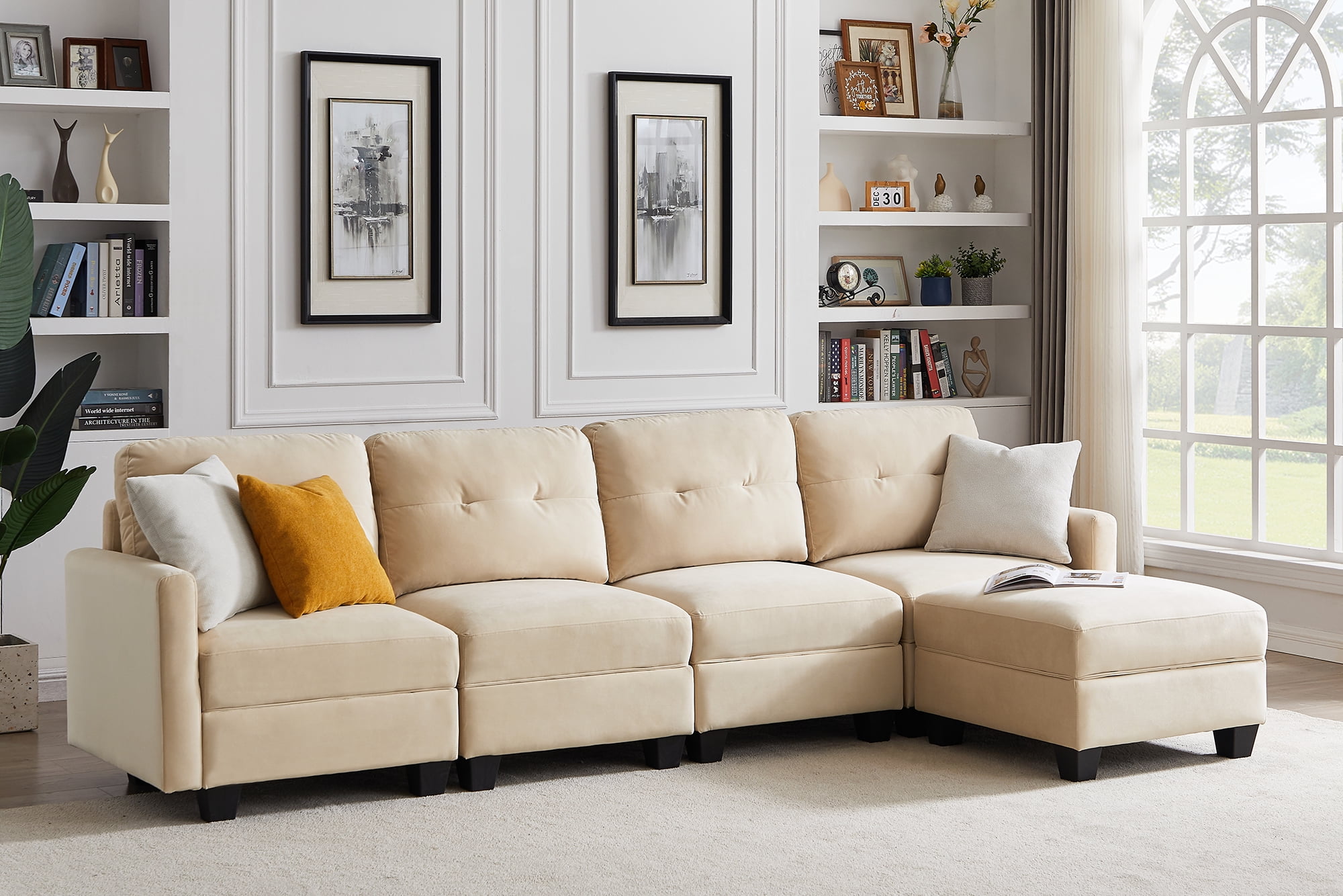 Lecut Reversible L Shaped 4 Seat Couch with Ottoman Sectional Sofa
