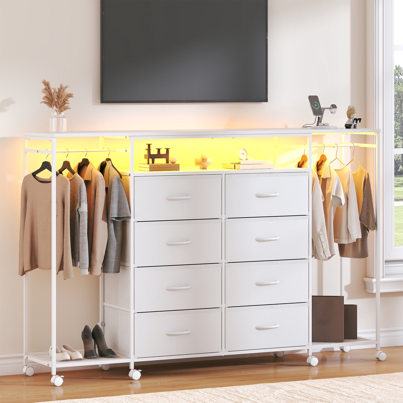 Frmobepts Dresser with Clothes Rack, 8 Drawers Dresser with Charging Station & LED Lights, White Storage Unit with Wheels for Bedroom, Closet