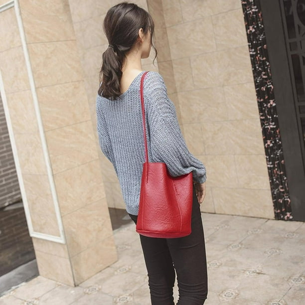 Bolso bandolera de hombro Vintage Para mujer JShteea bolso de cuero Totes Bucket Rojo