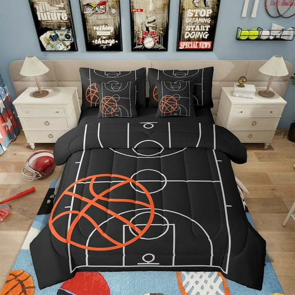 7 Piece Basketball Twin Bed in a Bag Sports Bedding Sets Teen Basketball Field Print Comforter Set with Sheets Basketball Game Themed Bed Set Sports Game Sheets