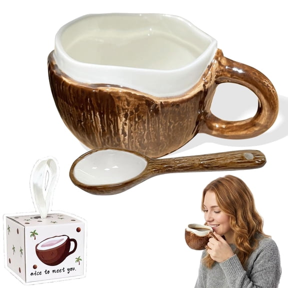 Ceramic Coconut Shaped Ceramic Mug with Spoon, 10 oz Coffee Cup for Tea,Coconut Design Cups, Oatmeal, Hot Chocolate, Fun Gift Mug for Home or Office