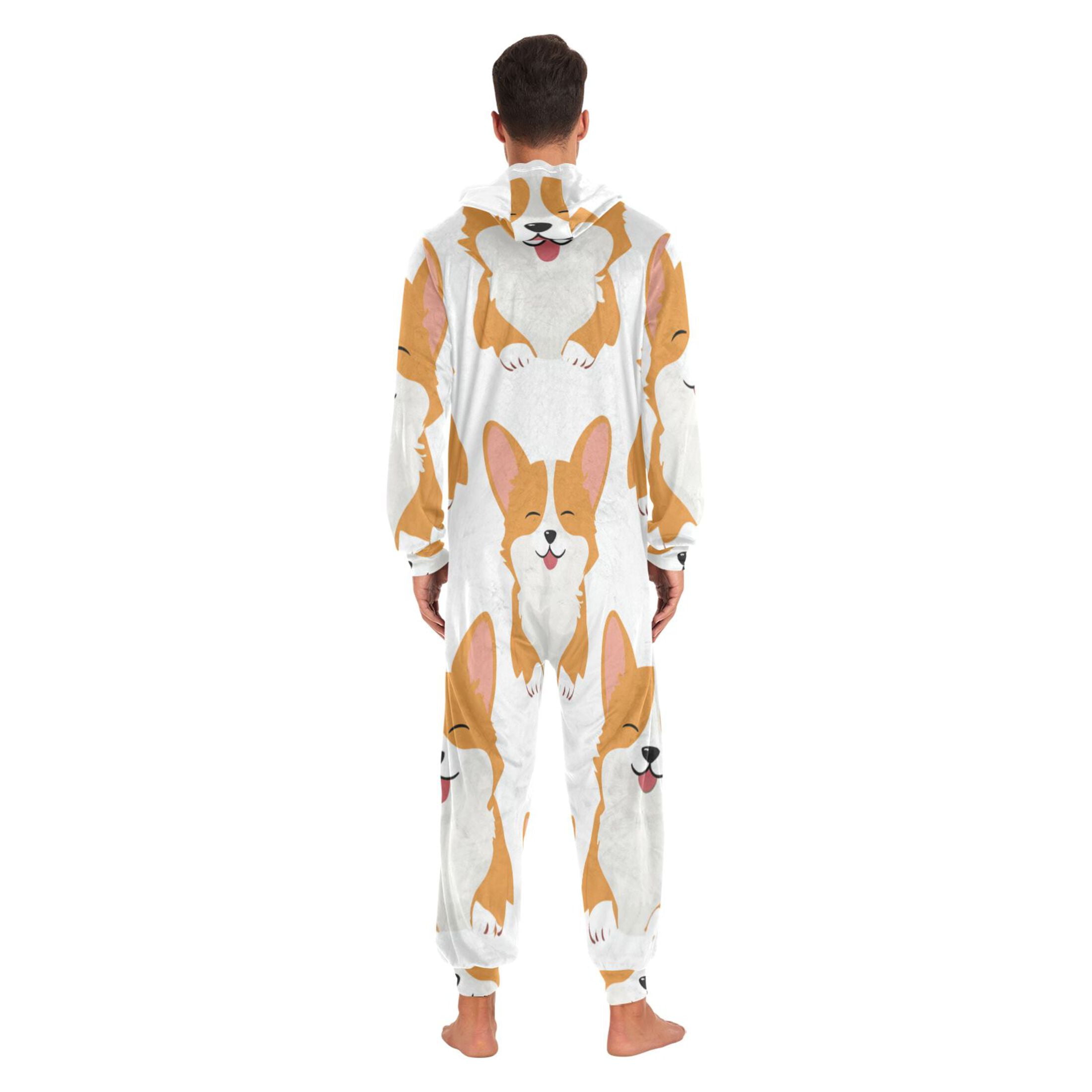 Seamless Happy Dogs Cartoon Adult's Hoodie Onesie Jumpsuit One-Piece Pajamas with Zipper Unisex for Holiday M