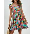 thumbnail image 1 of Nouvelle Robe d'Été Imprimée Feuilles Explosions Col en V Manches Volantes Robe Décontractée de Vacances, 1 of 3