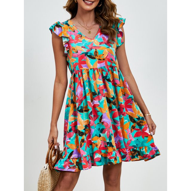 Nouvelle Robe d'Été Imprimée Feuilles Explosions Col en V Manches Volantes Robe Décontractée de Vacances