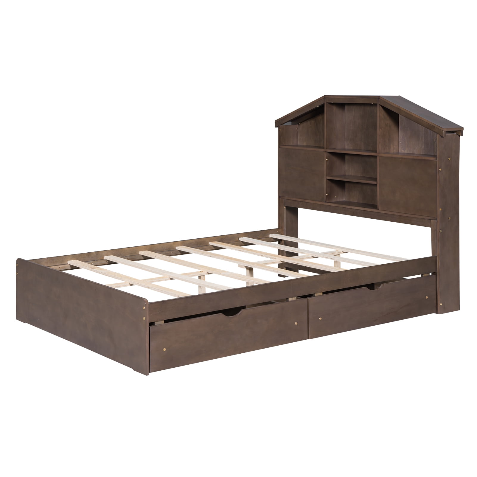 Euroco Wood Full Platform Bed with Storage Headboard Shelf and Drawers for Kids Teens, Walnut