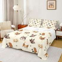 Homewish Puppy Dog Twin Sheet Sets,Pet Corgi Twin Fitted Sheet,Beige Brown Flat Sheet For Boys Kids,Super Cozy Room Decor,3-Piece