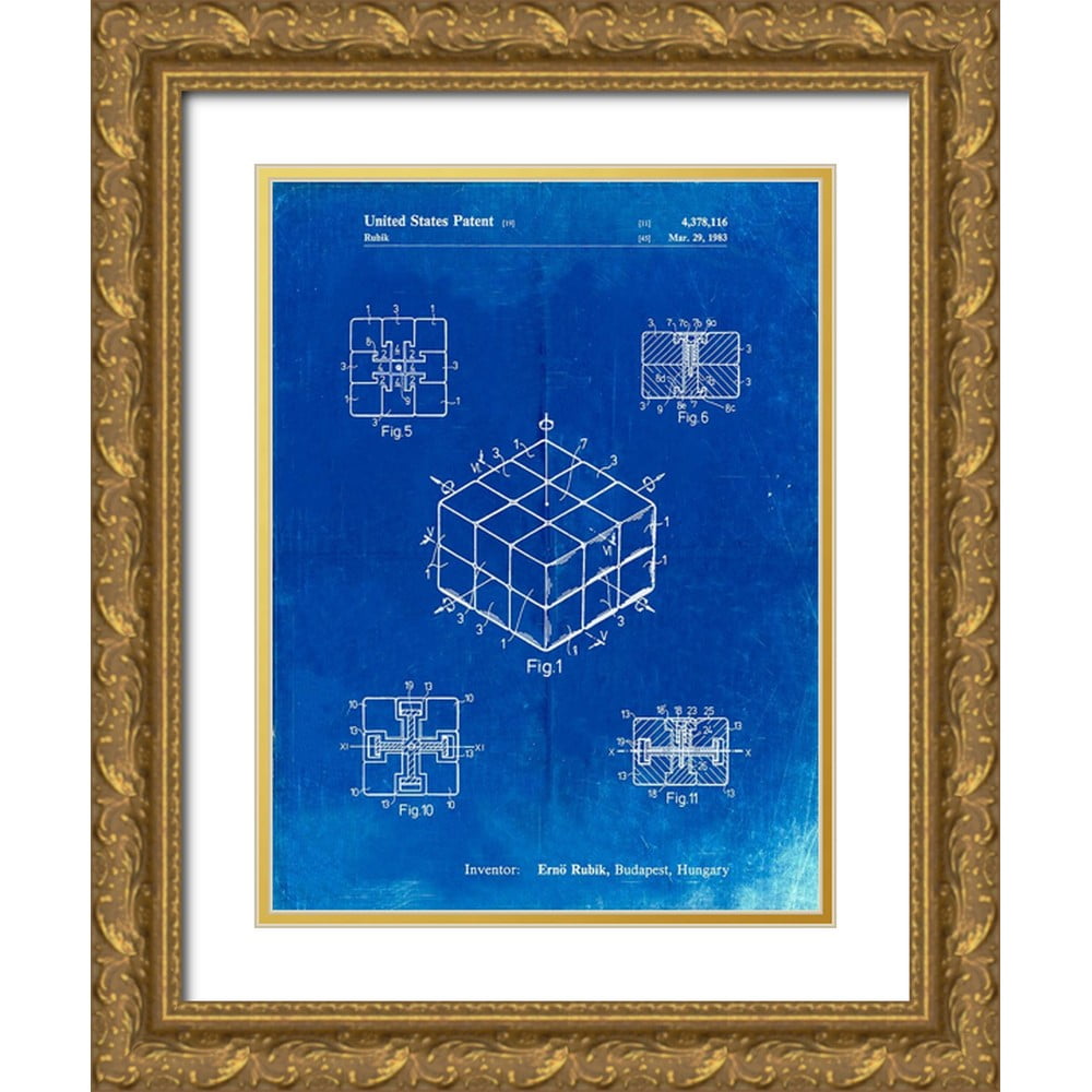 Borders Cole 12x14 Gold Ornate Wood Framed with Double Matting Museum Art Print Titled - PP1022-Faded Blueprint Rubiks Cube Patent Poster