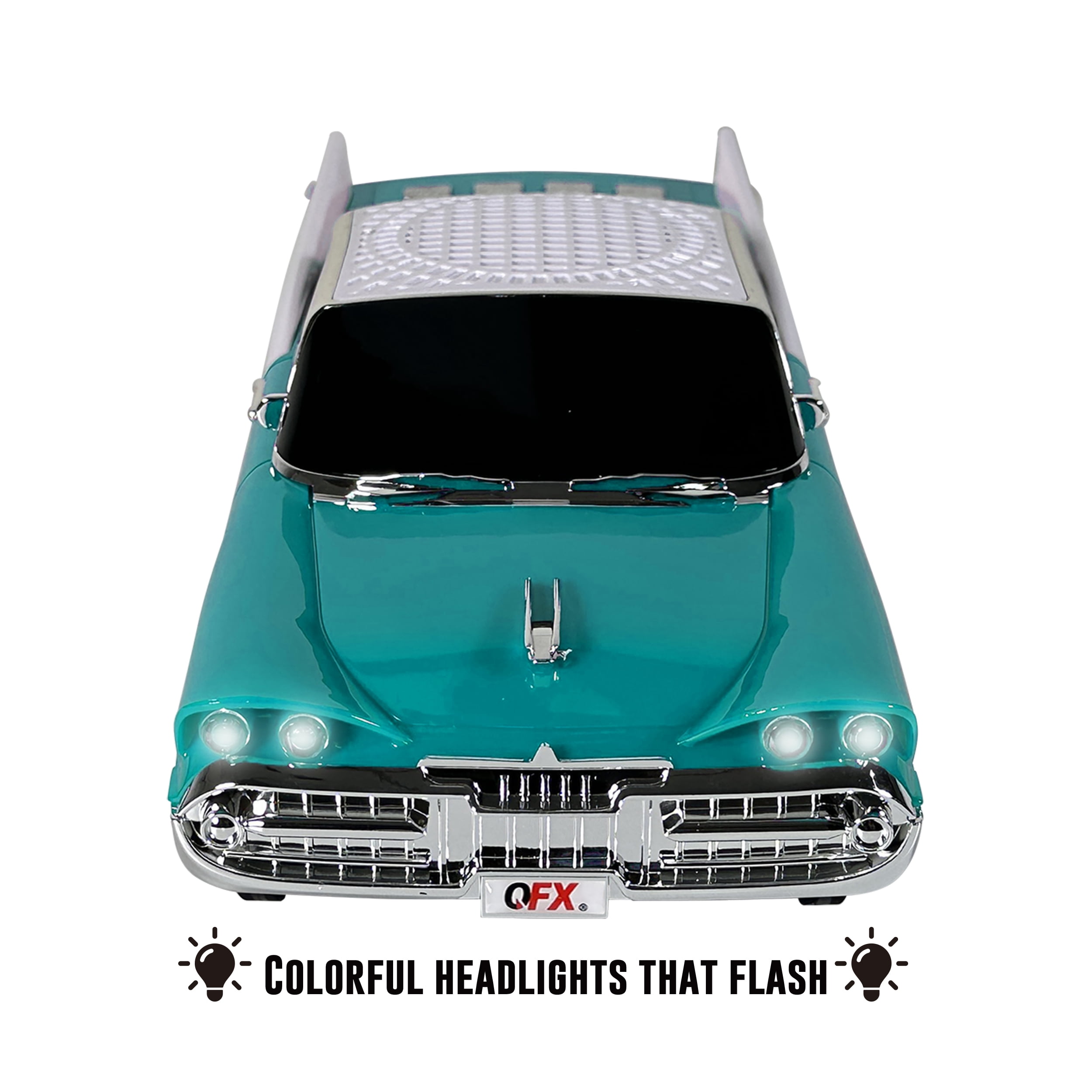 QFX Bluetooth 1959 Retro Classic Car Speaker, Dual 2-inch Speakers, Hands-Free Link, Built-in Microphone, FM Radio, and LED Party Lights, Emerald - BT-1959-EMR
