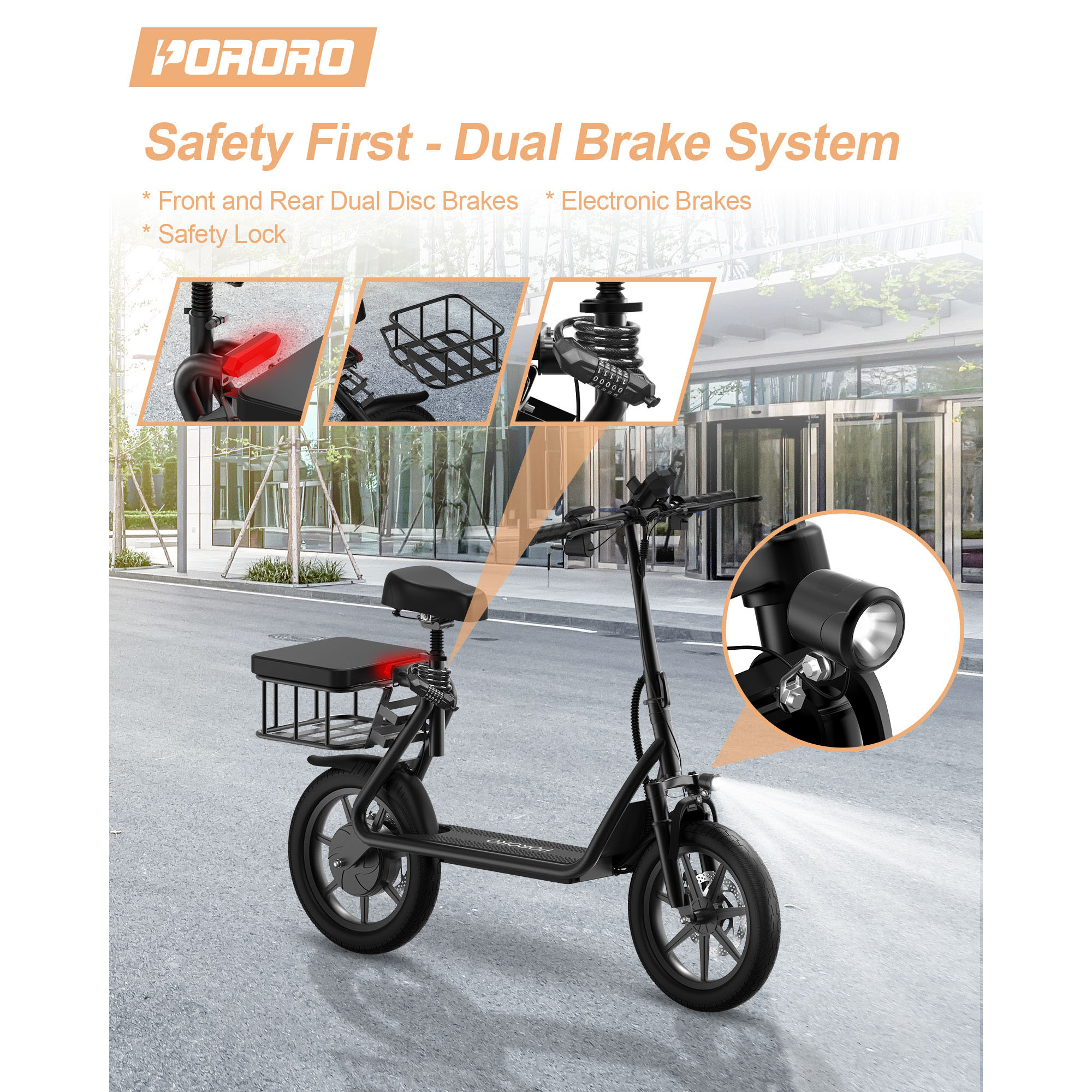 PORORO SLW50 Electric Scooter with Seat for Adults, Max 25 Miles Range with 14" Tires, 500W, 22MPH, Black