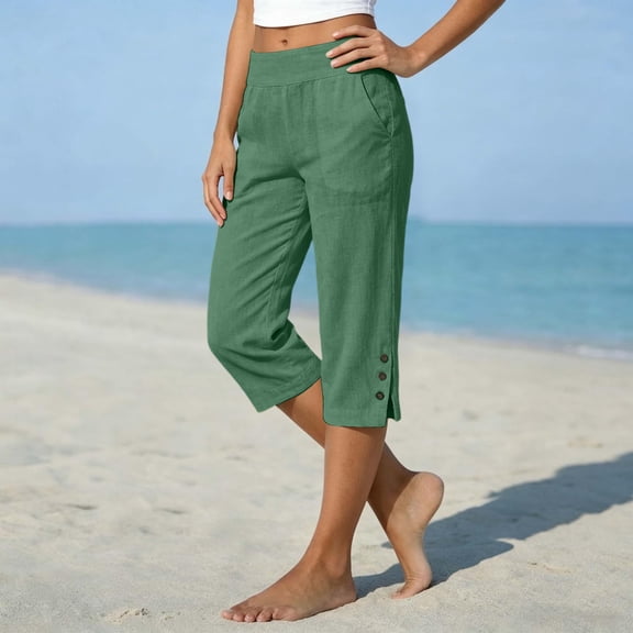 HaCpiu Women's Casual Cotton Linen Crop Pants, Loose Fit Straight Leg Capri Trousers with Pockets Side Slit Button Trim, Army Green L
