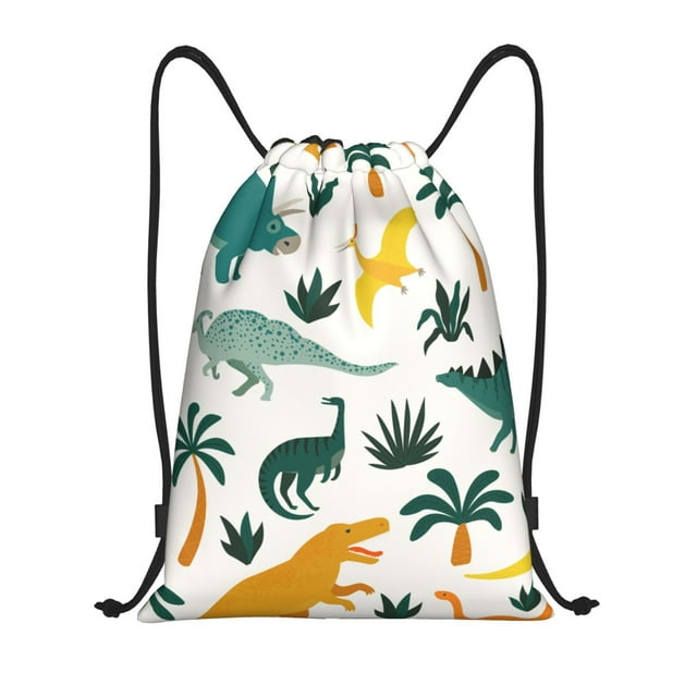 Xecao Dinosaurs and Tropical Leaves Pattern Sports Drawstring Backpack - String Swim Gym Bag with Wet Proof Pocket for Women&Men-Small