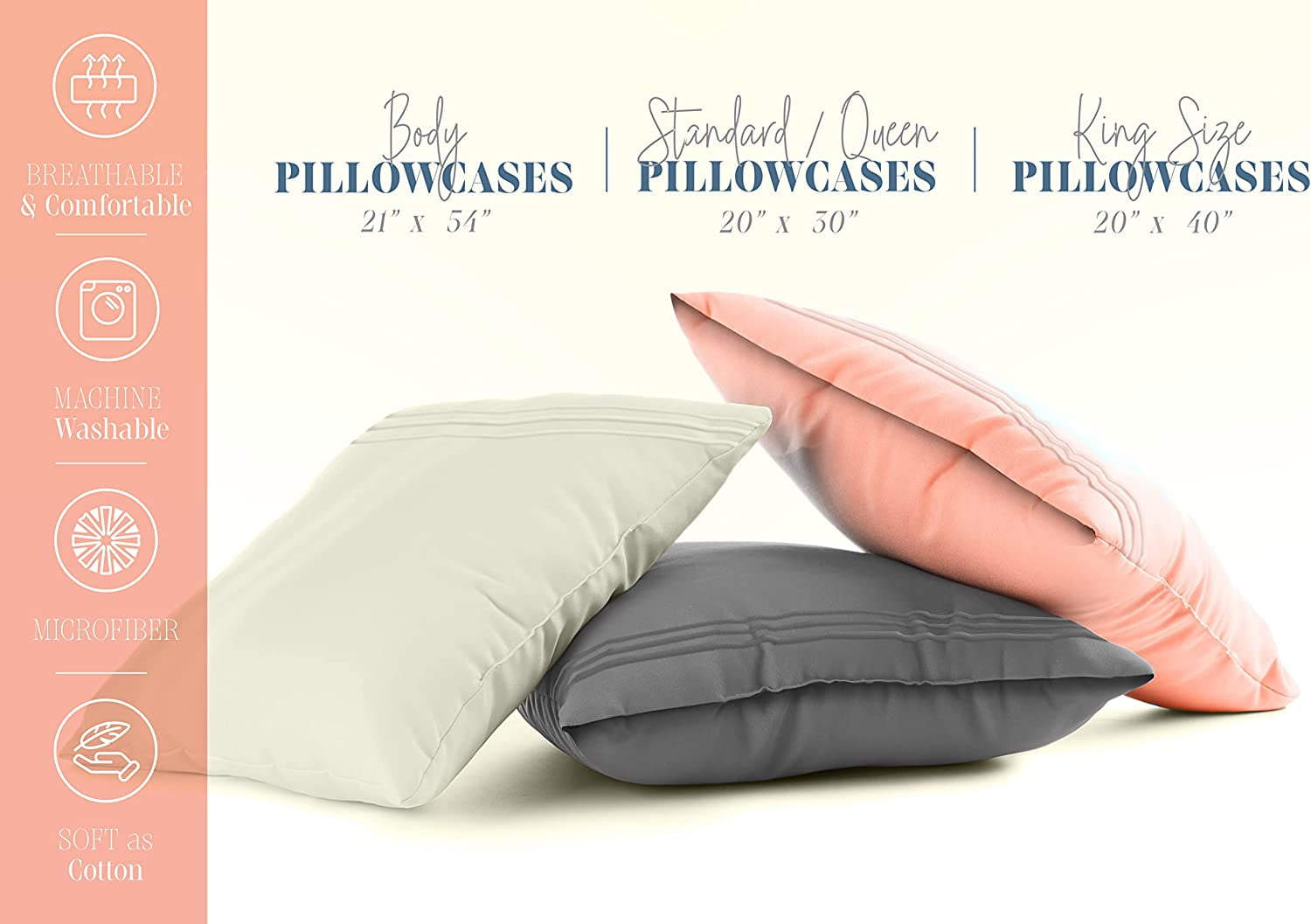 Mocassi 4-PACK Solid Pillowcases 1500 Thread Count Egyptian Quality,Easy Slip-On, 4-Piece Set, Standard/Queen Pillowcase, Gray