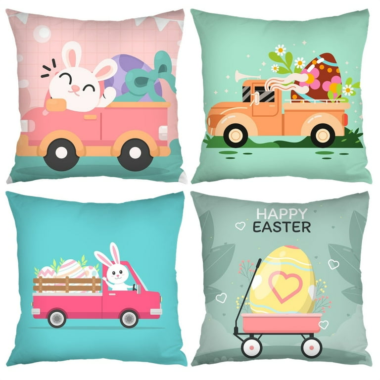 Dicasser Easter Pillow Covers 18x18 Set of 6 Easter Pillow Case Rabbit  Bunnies with Eggs, Peach skin Throw Pillows Covers for Couch Sofa Patio 