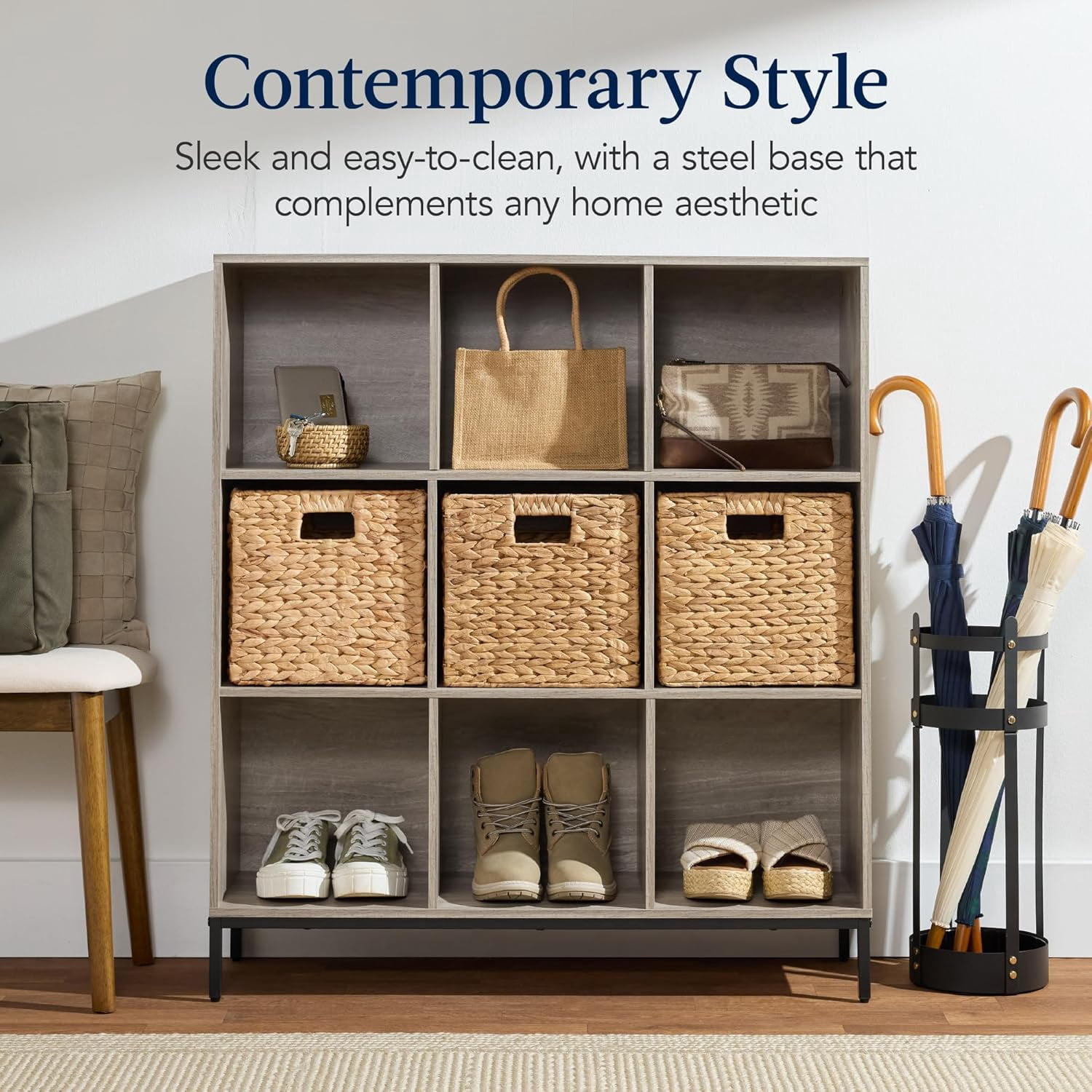 9-Cube Bookshelf, 3-Tier Wood Storage Bookcase W/Legs, 11in Shelf Opening, Cube Organizer, Living Room, Office, Nursery - Greige