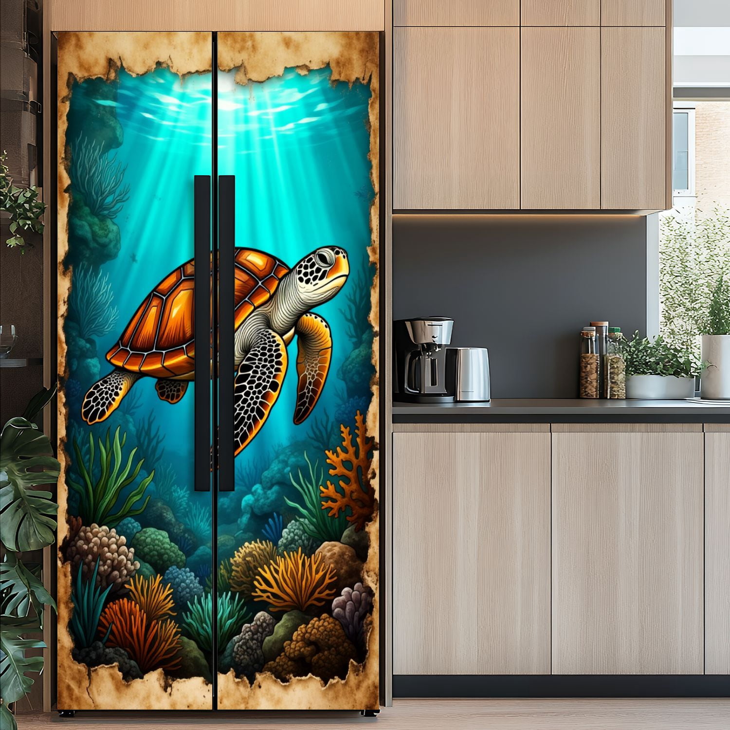 Self Adhesive Vinyl Refrigerator Wrap Set Intricate Sea Turtle Sketch Vintage Parchment Door Mural Removable Fridge Sticker Peel and Stick&nbsp;Full Door Cover Decal Kitchen Bar Decor