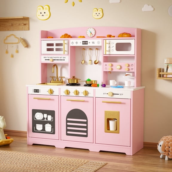 Reasea Kids Wooden Play Kitchen Set , Toddler Toy Pretend Kitchen Playset with 24 Accessories, Realistic Appliances & Storage for Kids Ages 3 , Pink