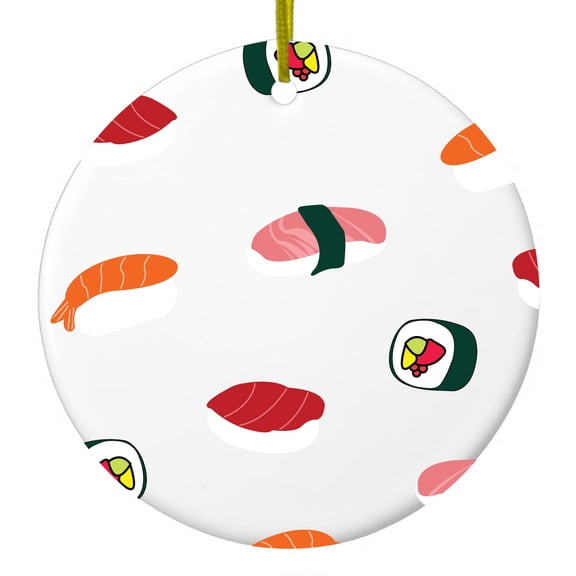 DistinctInk Hanging Ceramic Christmass Tree Ornament with Gold String - Great Gift / Present - 2 3/4 inch diameter - Cartoon Sushi