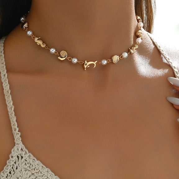 NICKSUN Gold Starfish Conch Oval Pearl Seashell Necklace for Women Trendy, Statement Boho Shell Pearls Beaded Chain Necklaces Holiday Beach Party Jewelry