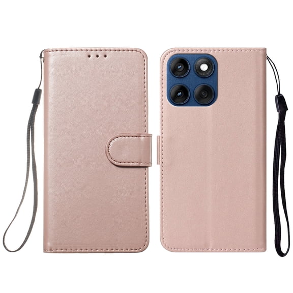 Allytechgroup for Motorola Moto G 5G 2025 Case, Flip Cover with Cards Slots Hand Strap Shock-Absorbent Protective Non-Slip Phone Case Cover for Moto G 2025, Rosegold