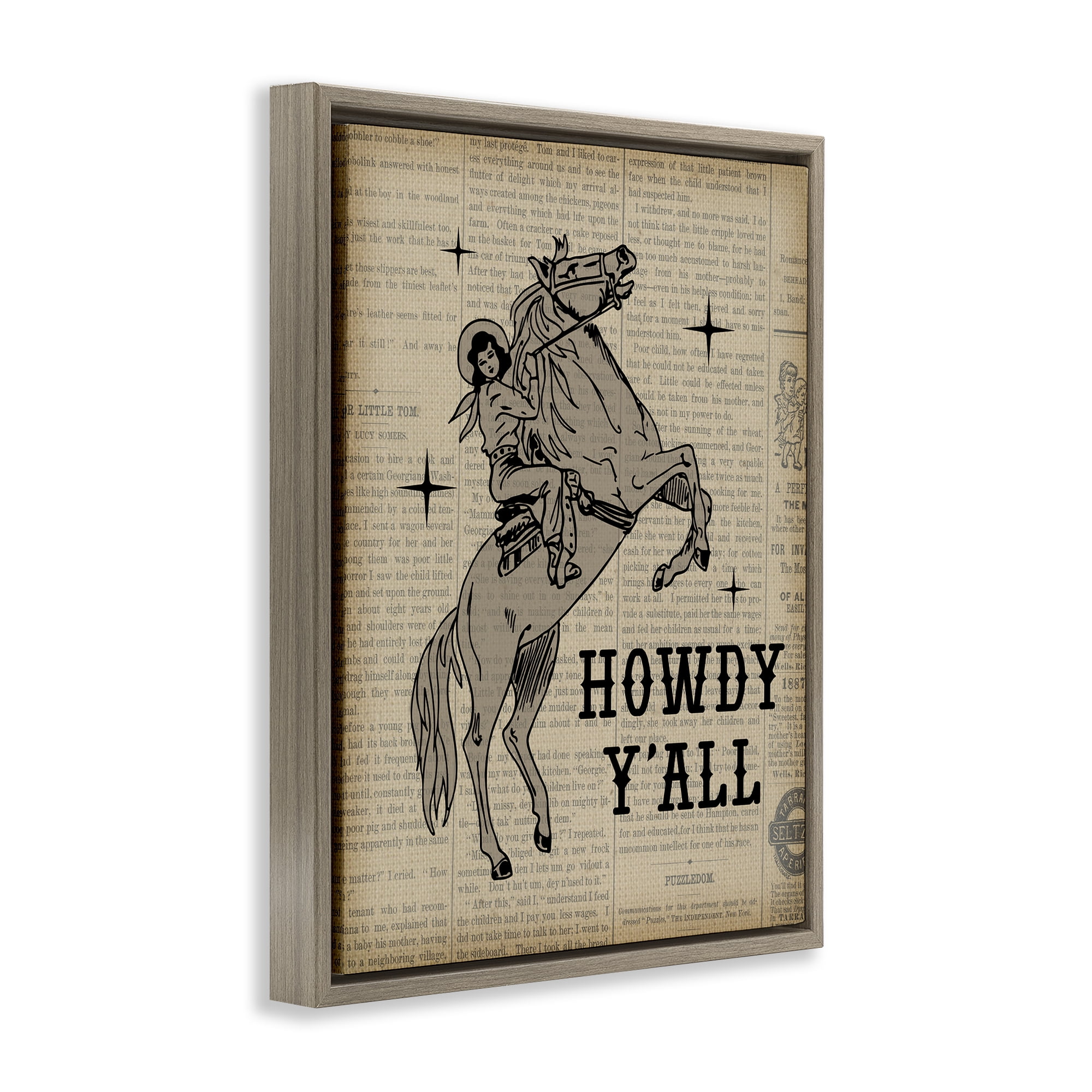Stupell Industries Howdy Y'all Vintage Newspaper Animals Painting Brown Floater Framed Canvas Art Print Wall Art, 17 x 21