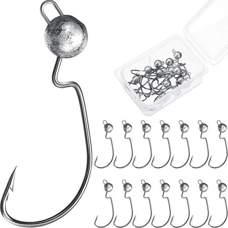 15 Pieces Offset Weedless Jig Head Hooks Lead Ball Fishing Weighted Hooks  Worm Hooks with Plastic Box for Freshwater Saltwater (3 g/ 1/8 oz) 