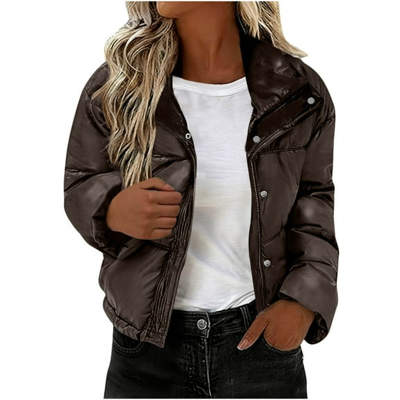 ZUKMRJPC Women's Cropped Puffer Jackets Full Zip Stand Collar Solid Color Cotton Padded Coats Winter Warm Trendy Bread Coats with Pockets