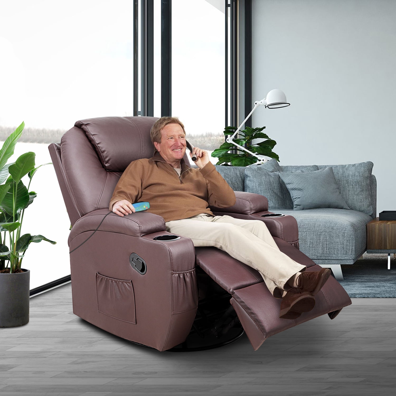 Vineego 360° Swivel PU Leather Chair with Massage Function Adjustable Home Theater Single Recliner,Brown