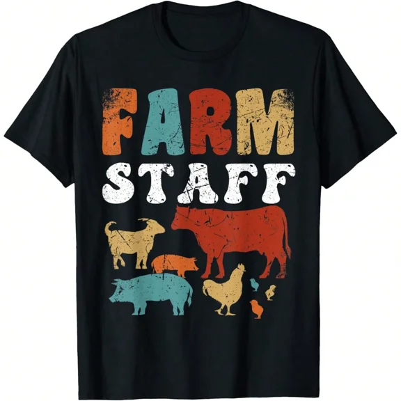 Retro Farm Staff T-Shirt Vintage Farmer Graphic Tee with Cow Pig Chicken Goat Silhouettes Unisex Adult Apparel