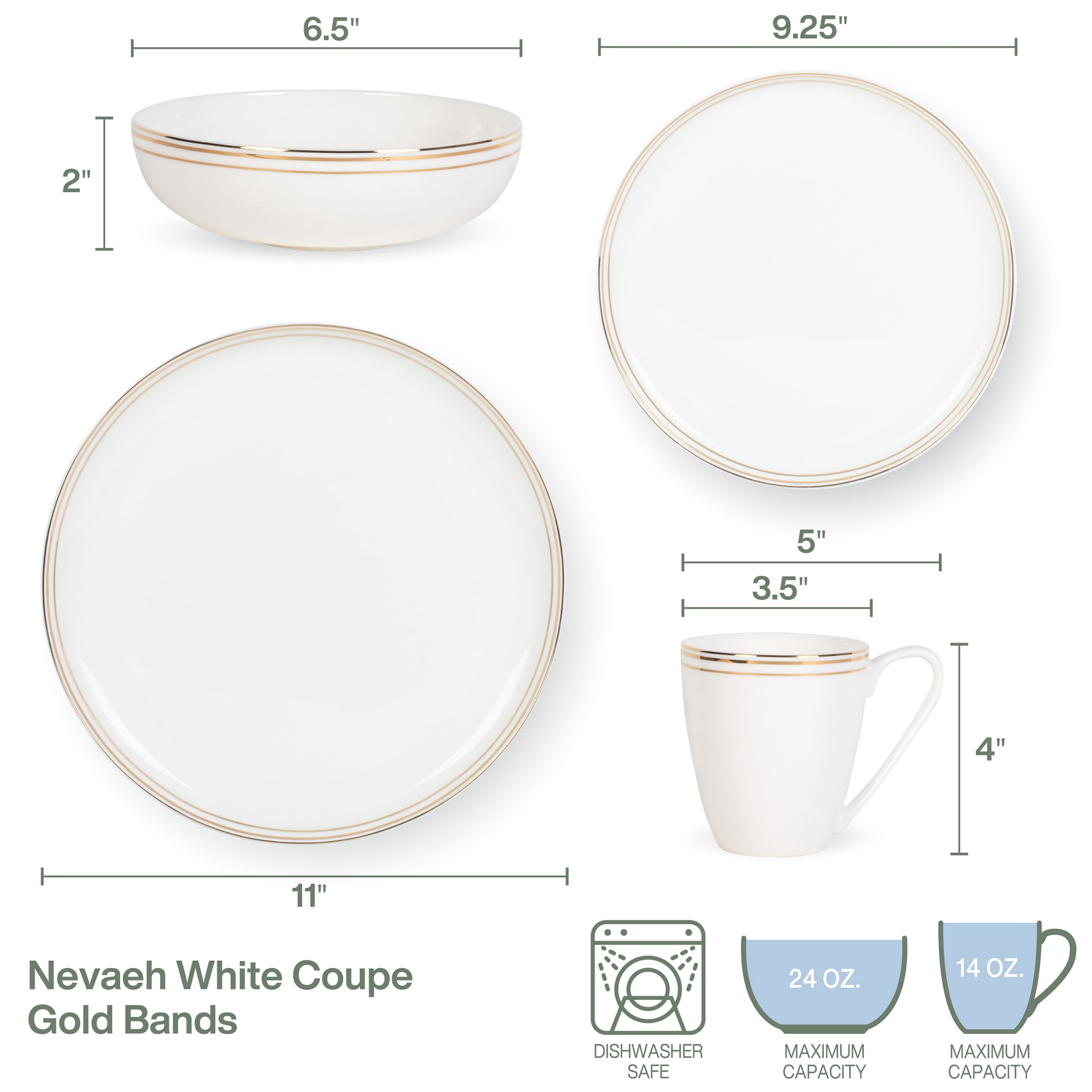 Fitz and Floyd Nevaeh Coupe Gold Bands 16-Piece White Bone China Tableware Set (service for 4)