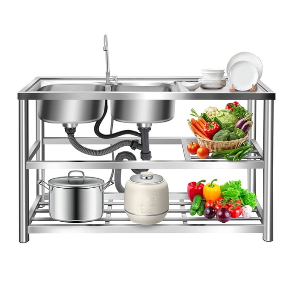 DUYIWAA Stainless Steel Sink Double-basin Commercial Kitchen Utility Sink with Faucet, Drainboard & Prep Table