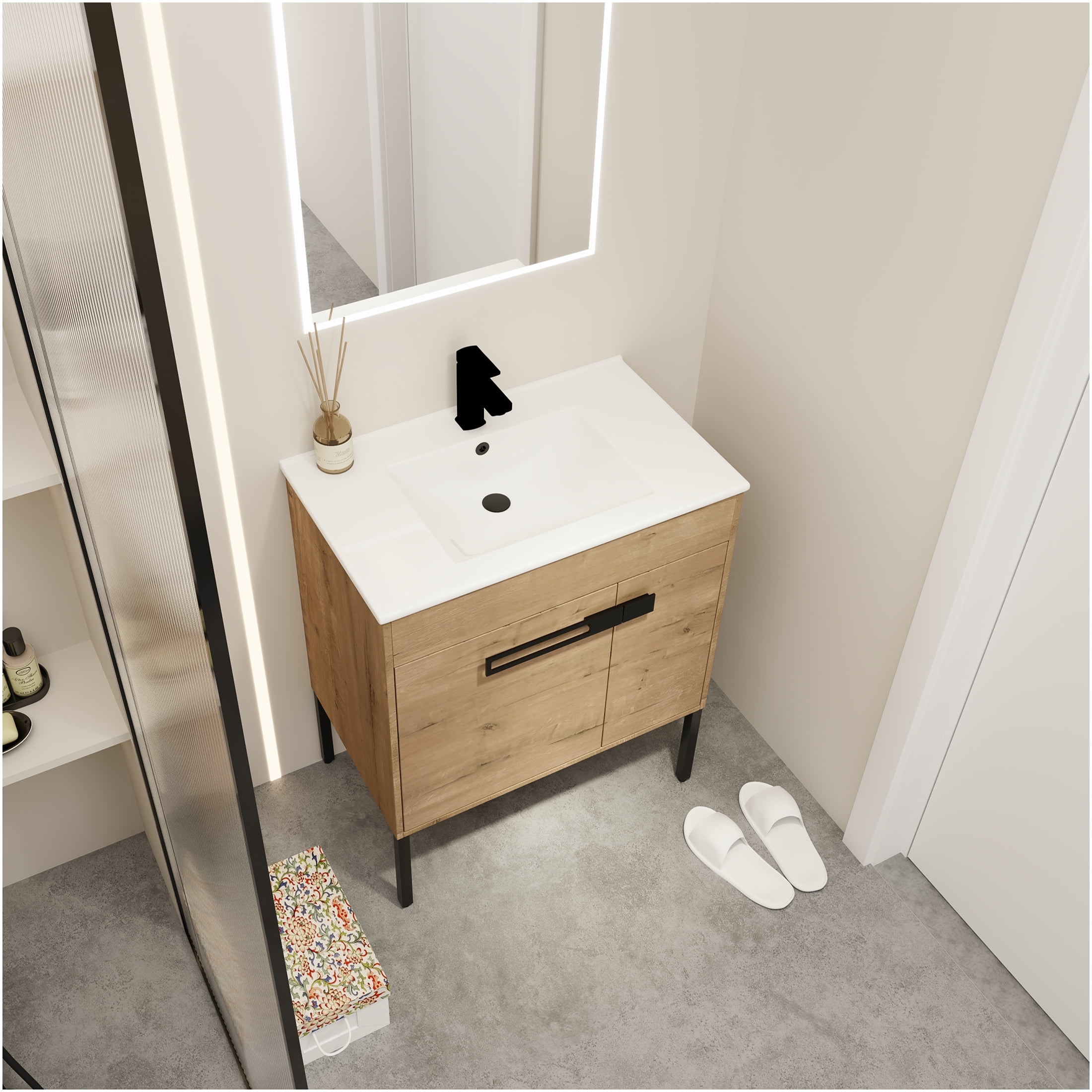 JERFIT 30 Inch Bathroom Vanity with Ceramic Sink, Freestanding or Wall-Mounted Modern Cabinet with Soft Close Doors, Adjustable Shelf, Imitative Oak Finish