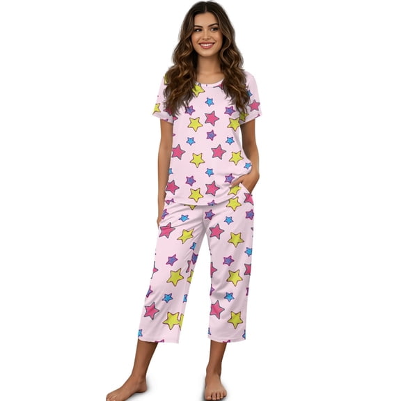 DISNIMO Women's Pajama Sets Casual 2 Piece Pjs Set Summer Sleepwear Short Sleeve Tops and Capri Pant Lounge, S