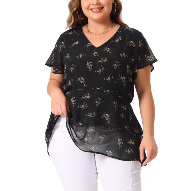 Blusas de mujer de tallas grandes Agnes Orinda 2026 Verano con cuello en V, manga corta, capa casual, floral 4X negro oscuro