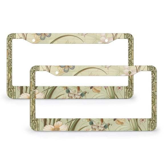 Vintage Flowers And Butterflies License Plate Frames 2 PCS Summer Seasonal Floral Car Tags Frames Holder for Women 2 Holes Aluminum Metal License Plate Cover