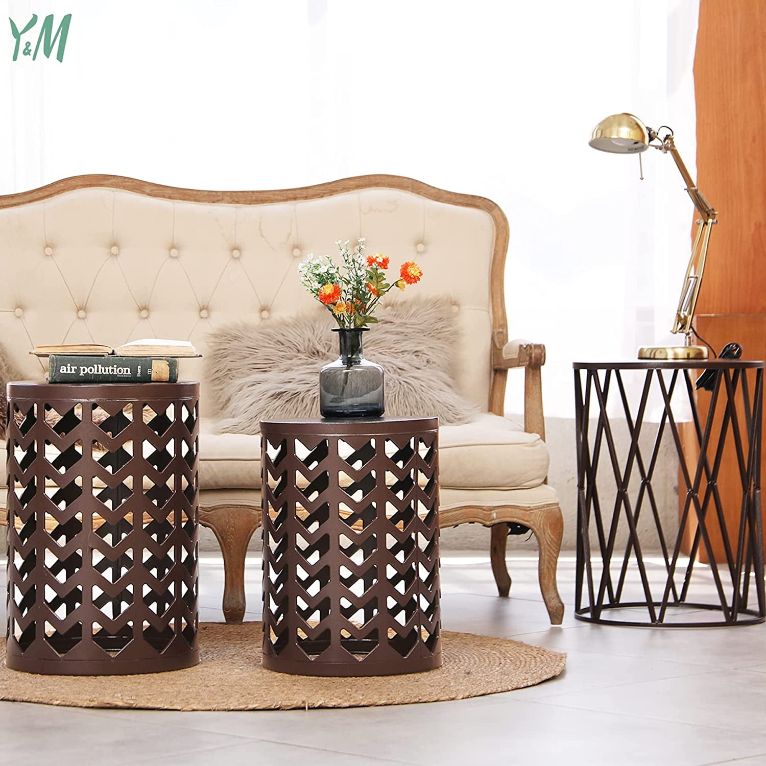 Y&M Set of 3 Round Heavy-Duty Side Table End Table, Coffee Table for Indoor Multifunctional Use, Outdoor Garden Stool Plant Stand-Pure Brown