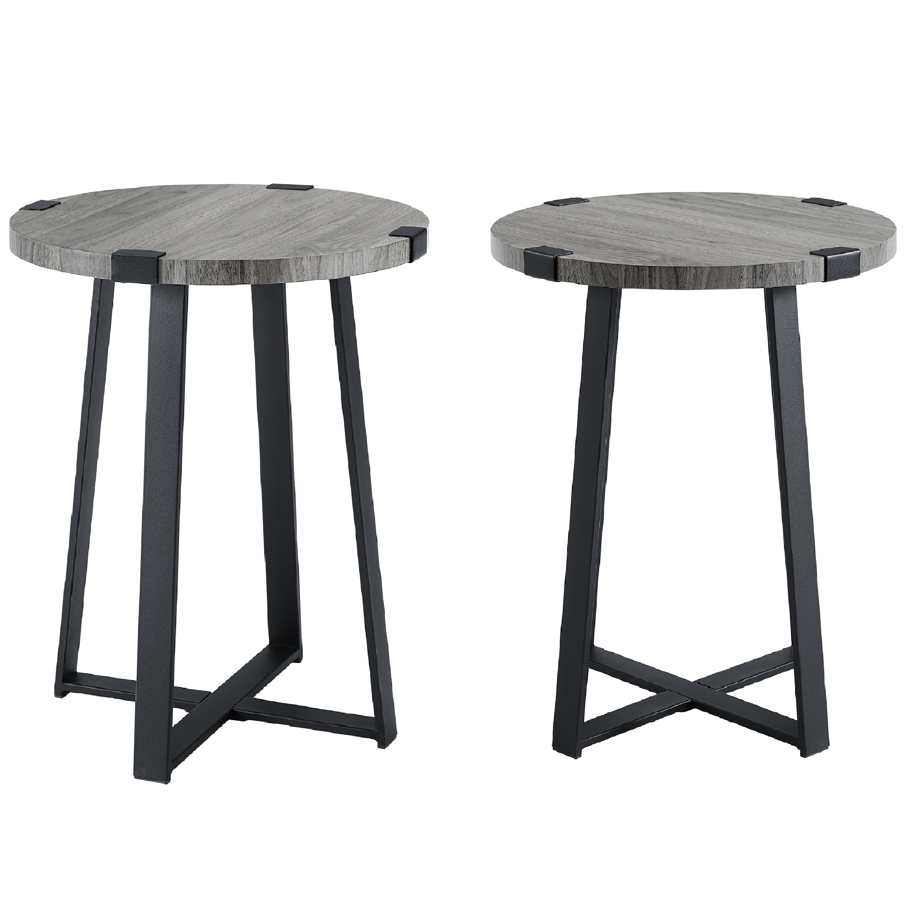 Rustic Wood and Metal Round Slate Grey End Table by Manor Park, Set of