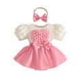 thumbnail image 2 of hengsof Infant Girls Dress Set with Headband 0-18 Months Solid Color Heart Bow Detail Bubble Sleeve Snap Crotch Dress Baby Shower Gift Outfit, 2 of 8