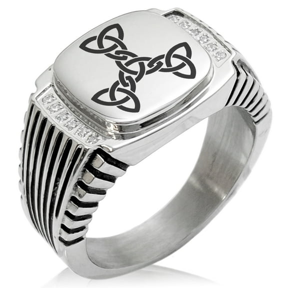 Stainless Steel Celtic Triquetra Interlaced Knot CZ Ribbed Needle Stripe Pattern Biker Style Polished Ring