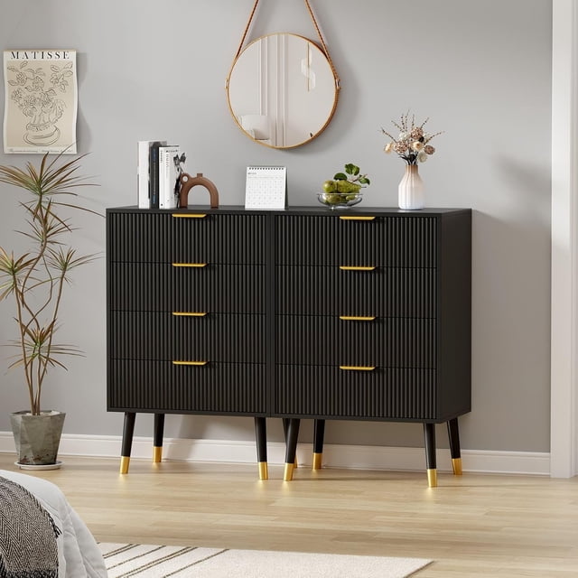 Ensemble de 2 Commodes à 4 Tiroirs pour Chambre, Commodes Modernes pour Garde-Robe, Chiffonnier, Armoire de Rangement Organisateur, Petite Table de Nuit Cannelée pour Chambre, Noir